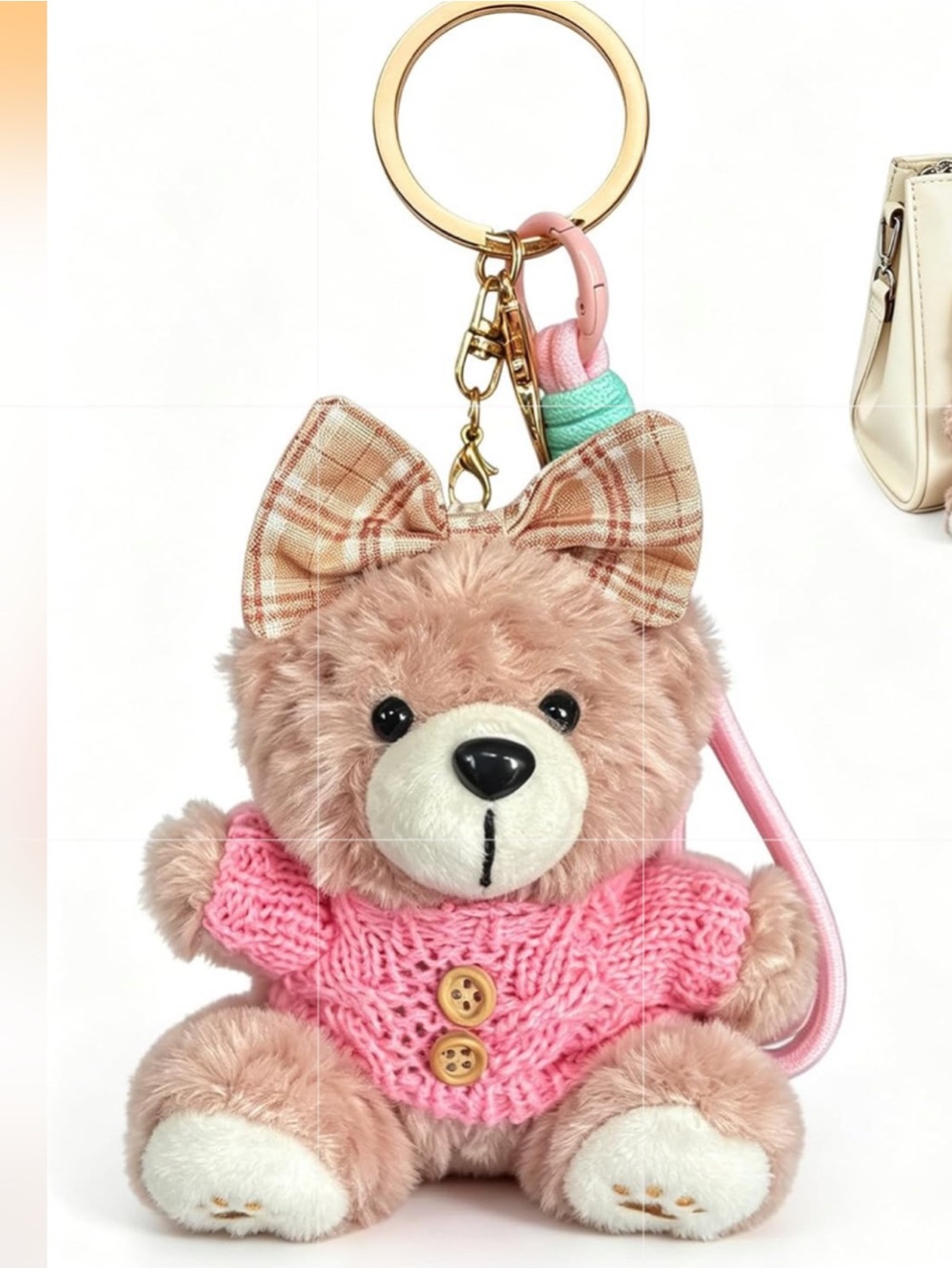 Plush teddy bear bag, charm keychain with bow and pink crochet sweater NIB